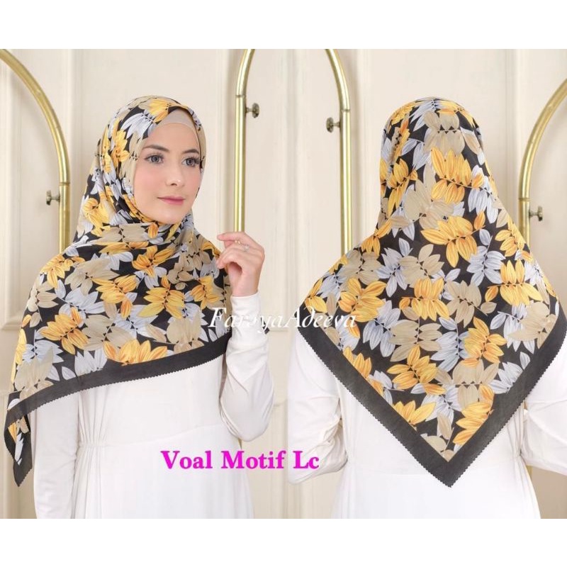 HIJAB SEGI EMPAT VOAL MOTIF BUNGA KUNING HITAM KERUDUNG JILBAB MURAH