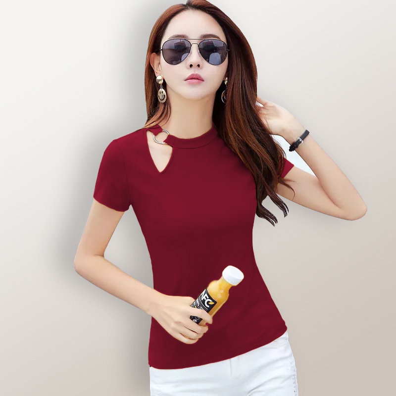 Kaos Lengan pendek wanita Gaya Korea variasi Ring di leher - XSHOP Omila