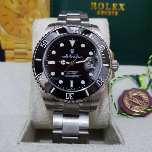 JAM TANGAN PRIA ROLEX SUBMARINER SILVER BLACK DIAL FULL SET BOX ORIGINAL