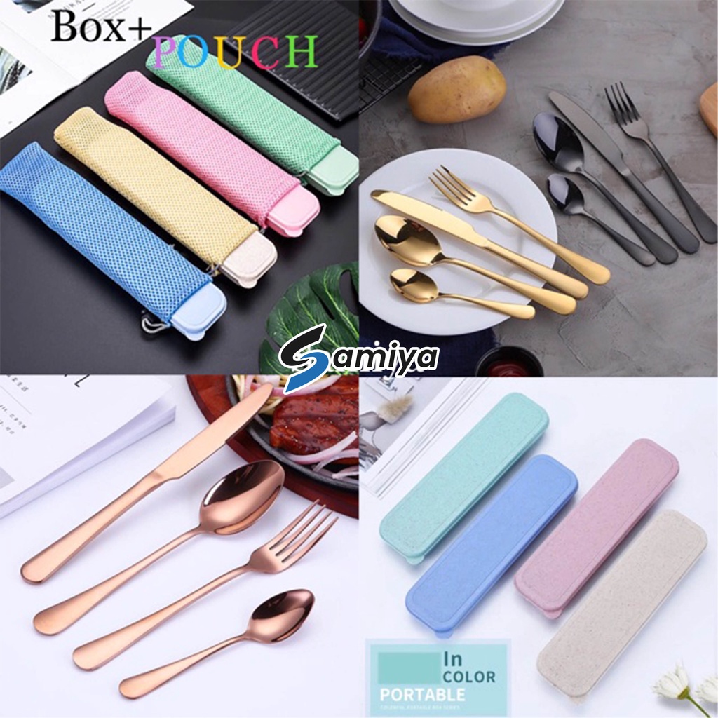 Paket alat makan set dengan tempat box dan pouch / sendok garpu dinner table / cutlery set