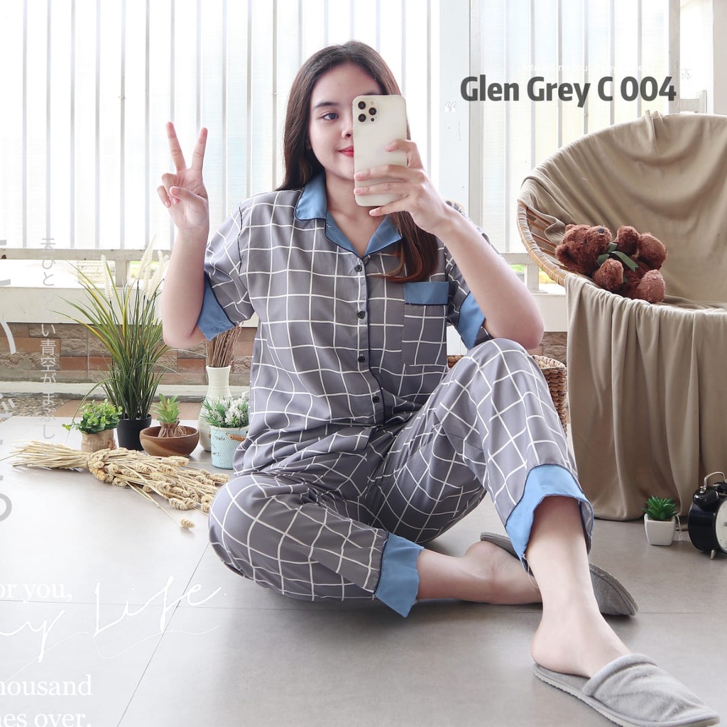 PIYAMA DEWASA JUMBO CP LD 120 cm big size lengan pendek celana panjang lucu-Glen Gray Blue 120