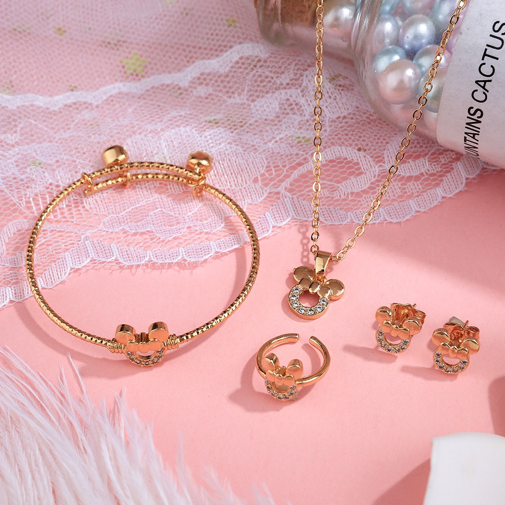 set perhiasan anak titanium kalung anti karat gelang wanita anting korea fashion cincin paket aksesoris wanita murah D486