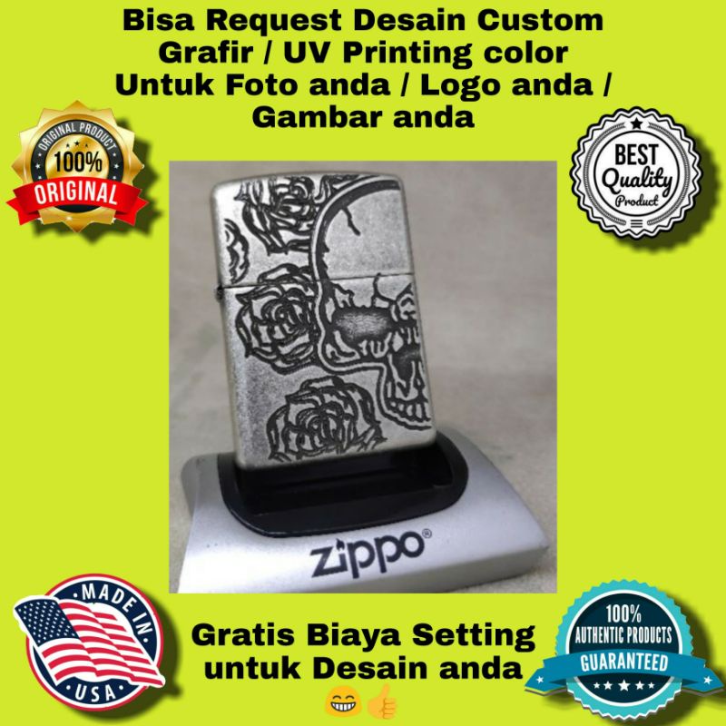 ZIPPO ORIGINAL ARMOR SKULL ROSE DESIGN AUTHENTIC PRODUCT USA GRATIS REQUEST CUSTOM GRAFIR NAMA