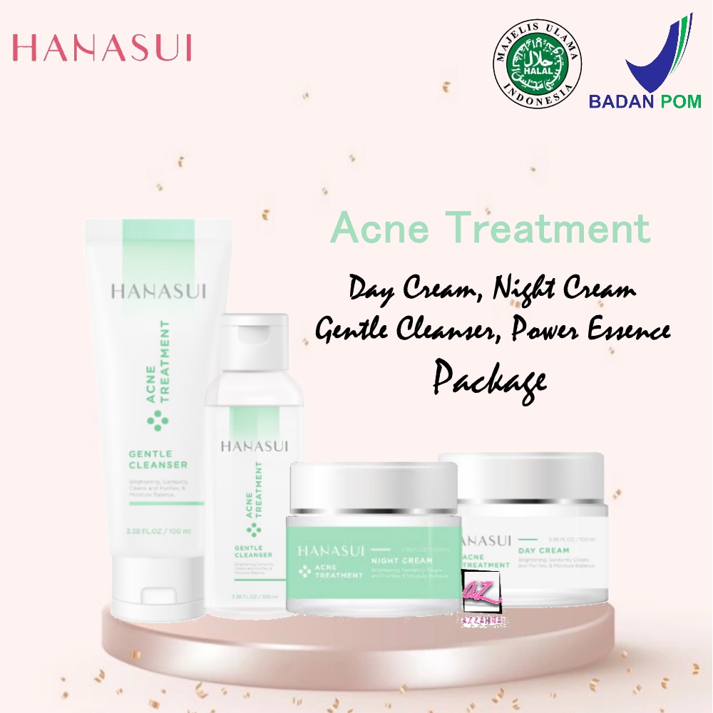 Hanasui Acne Treatment Series Paket Day, Night, Cleanser, Essence - 4pcs