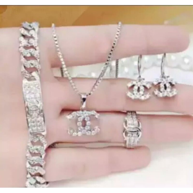 SET PERHIASAN DEWASA WARNA SILVER BAHAN LAPIS EMAS PUTIH ANTI KARAT