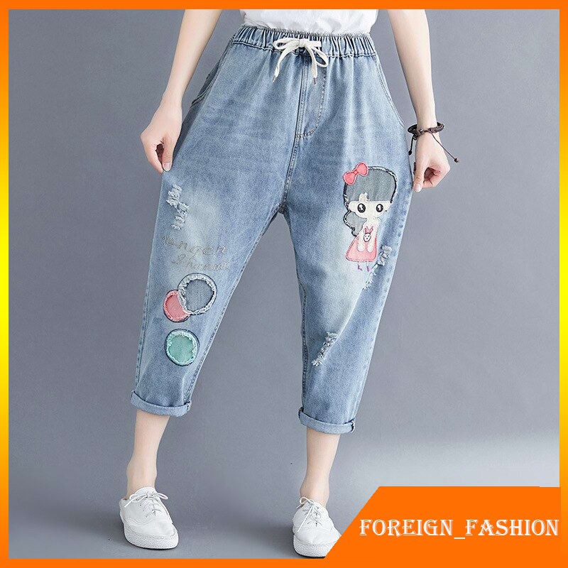 Celana Jeans Sobek Sobek Wanita Women Summer Harem Pants Casual Cartoon Embroidery Ladies Blue