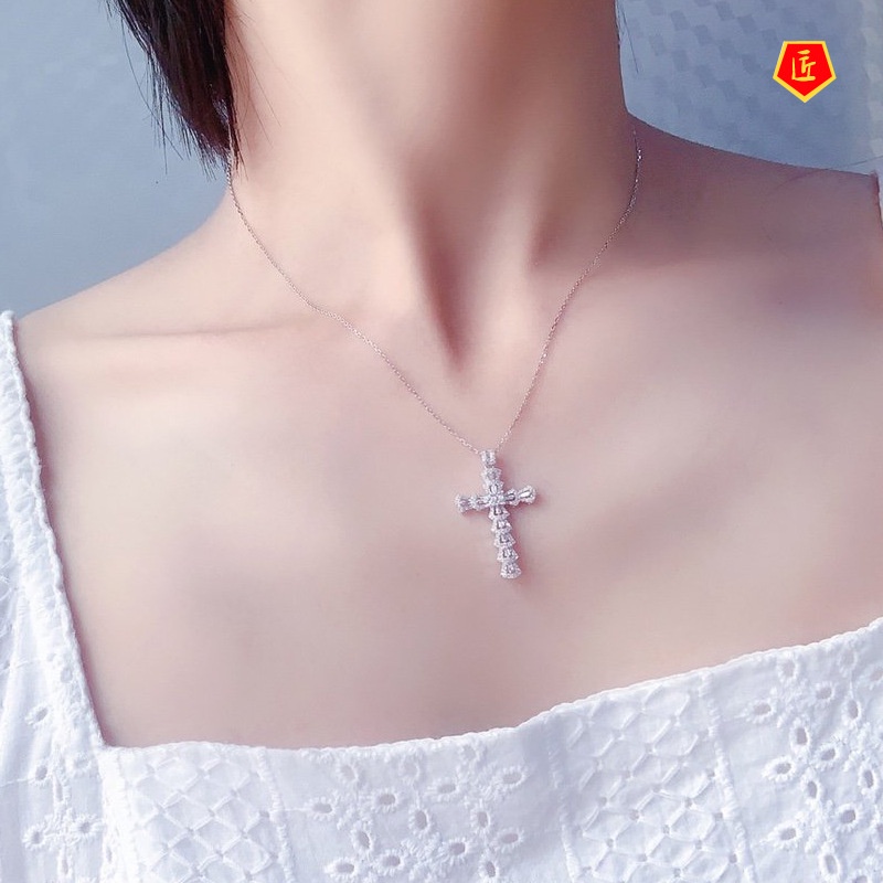 [Ready Stock]T Square Zircon Pendant Full Diamond Cross Necklace for Women