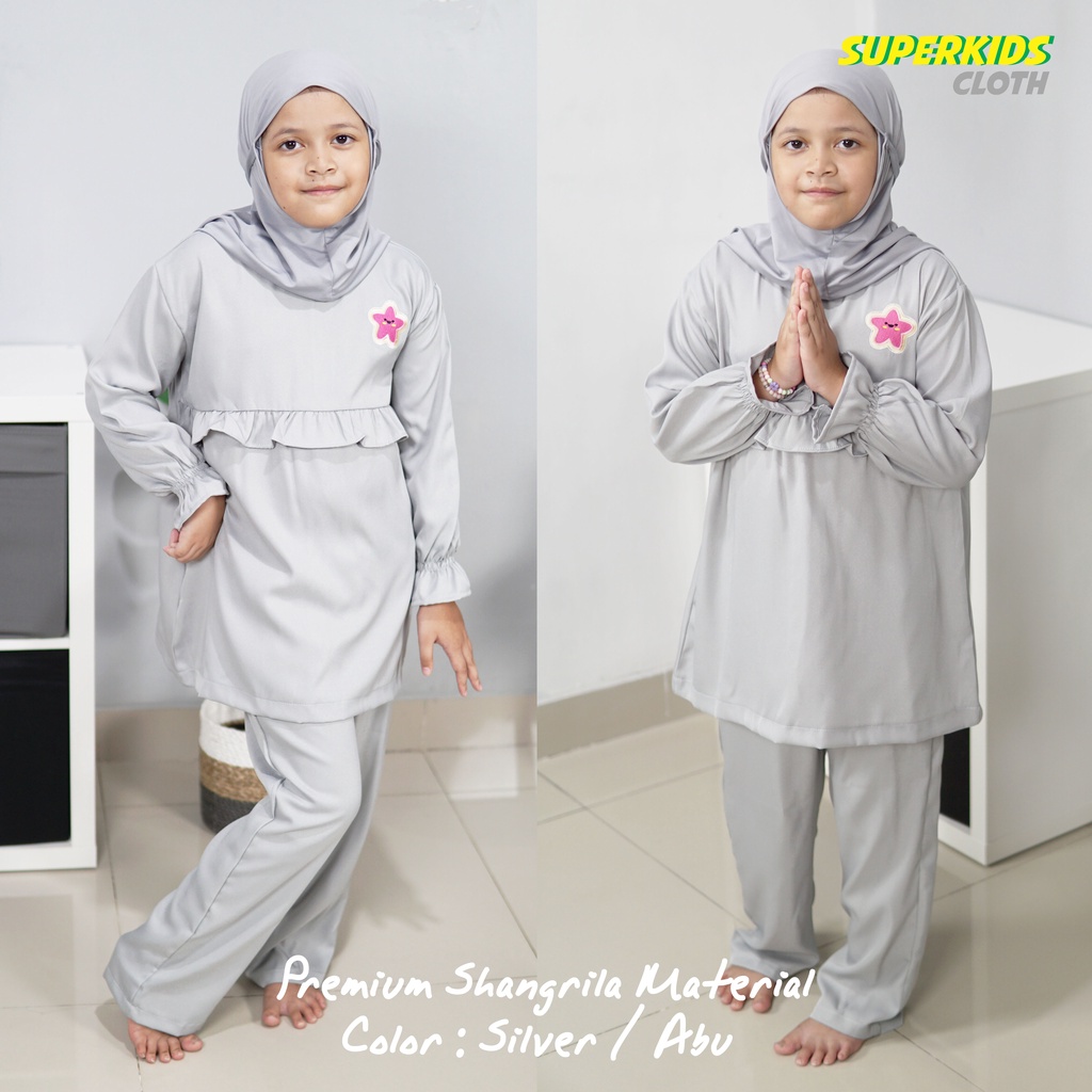 Setelan Baju Muslim Anak Perempuan Tunik Set Gamis Anak Perempuan Dress Anak SuperkidsCloth Silver Abu Bintang 1 - 10 Tahun