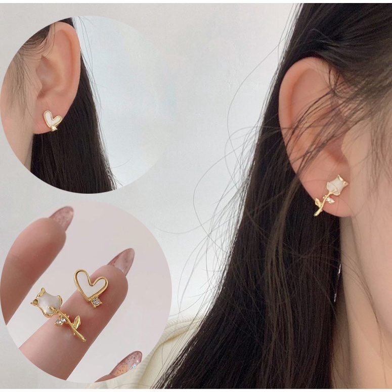 Anting Tusuk Asimetris Desain Bunga Mawar Hias Berlian Gaya Koreaperancisretro Untuk Wanita