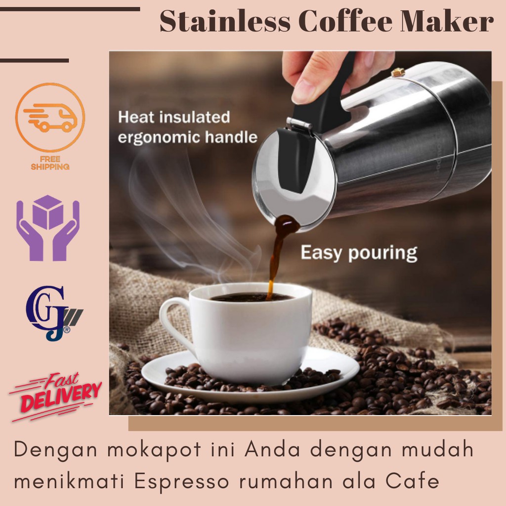 Espresso Maker 300 ml Mokapot 6 Cup - Teko Kopi Moka Pot Coffee /Coffe Maker Premium Stainless Steel