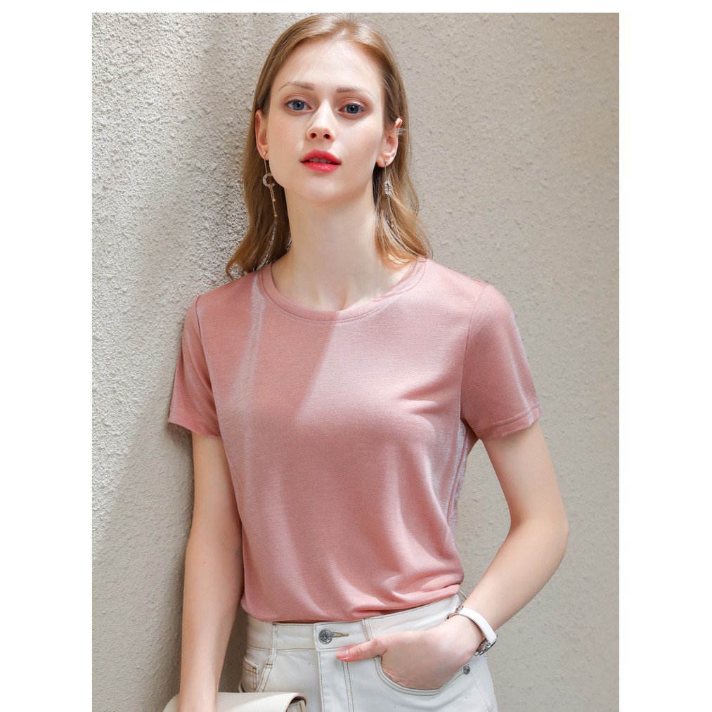 【Moon Blush】Korean Halus Lembut Solid Round Neck Satin  T-shirts 7242