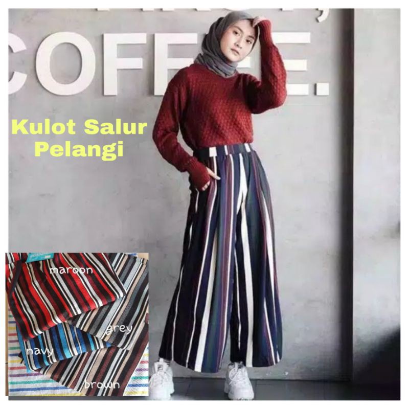 Grosir CELANA KULOT PANJANG WANITA CREPE JUMBO / Basic Long Pants Polos Motif Salur Pelangi Murah