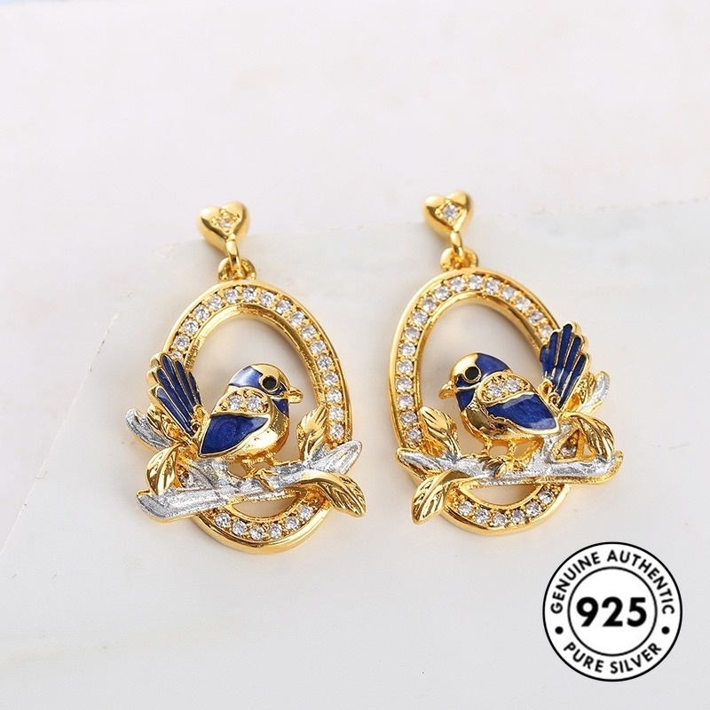 Anting Tusuk Motif Burung Bahan Sterling Silver 925 Warna Emas Untuk Wanita