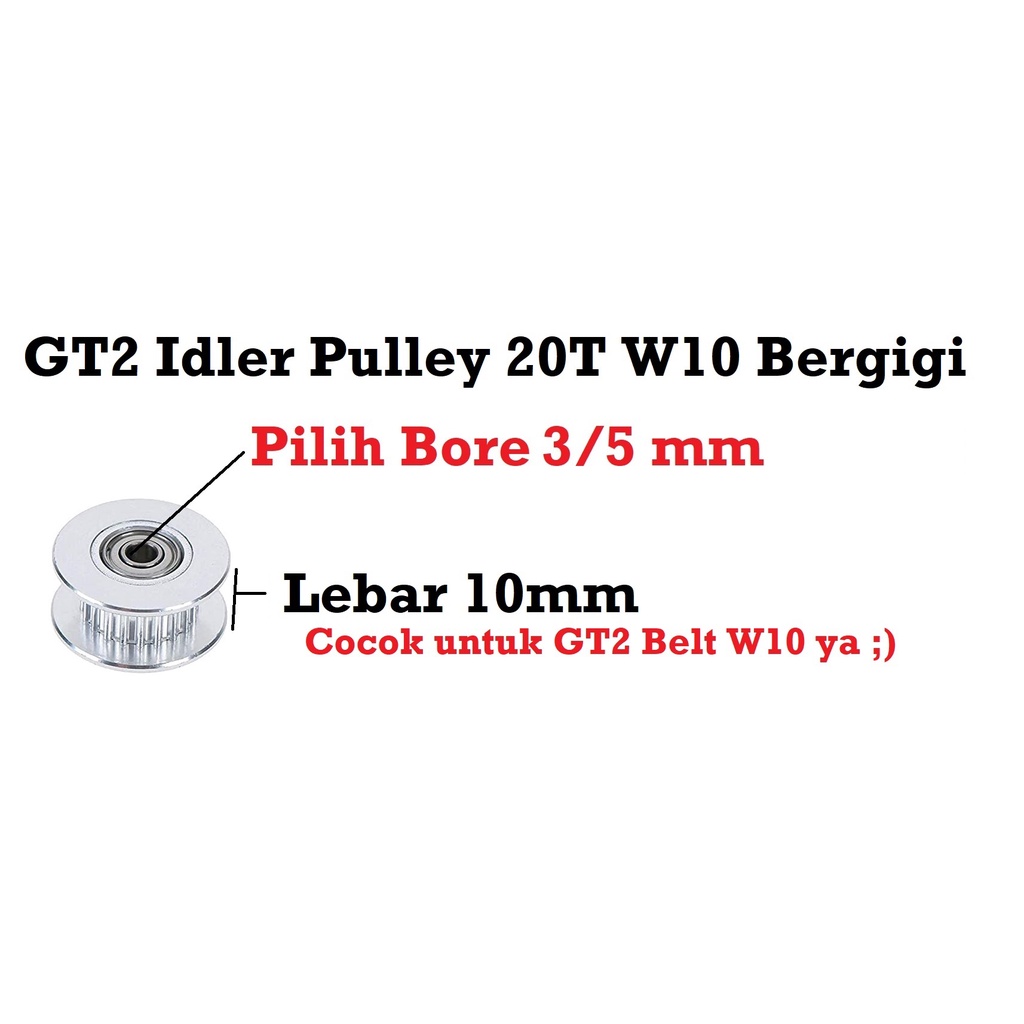 [HAEBOT] GT2 Idler Pulley 20T W10 Bergigi Bore 3 5mm with Teeth Lebar 10mm W10 Timing Belt Toothed CNC 3D Printer Idle Puley Mini Bearing Tensioner Tension Width Aluminium