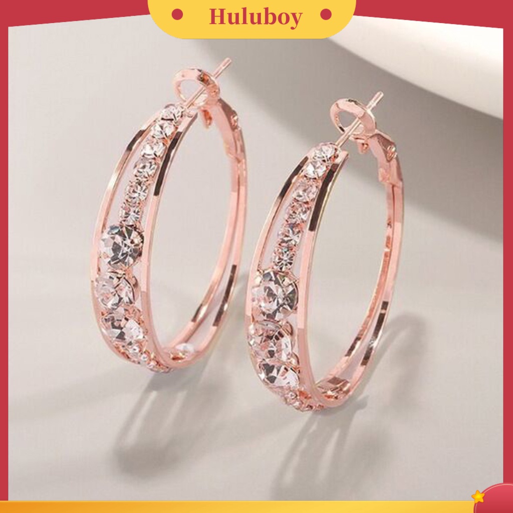 Hu Hu Hu Hu Hu Alat Bantu Pasang Kacamata♡ 1 Pasang Anting Hoop Berlian Imitasi Bentuk Lingkaran Warna Rose Gold Untuk Wanita