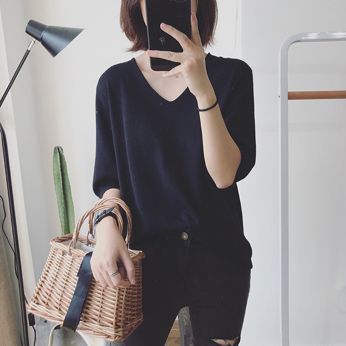 #Sisjuly# T-shirt pullover longgar longgar V-neck all-match versi Korea baru wanita warna solid keme