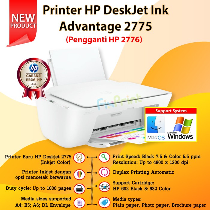 Printer HP Deskjet Ink Advantage 2775 Print Scan Copy All-In-One New photo berwarna multifungsi putih garansi wireless