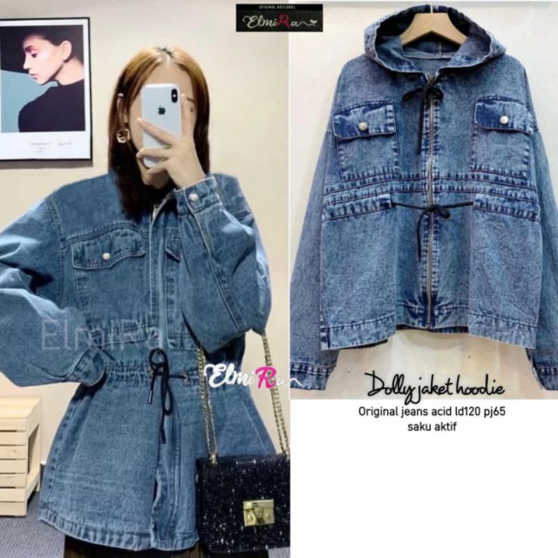 BAJU ATASAN WANITA JUMBO BIG SIZE ORIGINAL JEANS LD 120 // DOLLY JACKET HOODIE BY ELMIRA FASHION HQ/