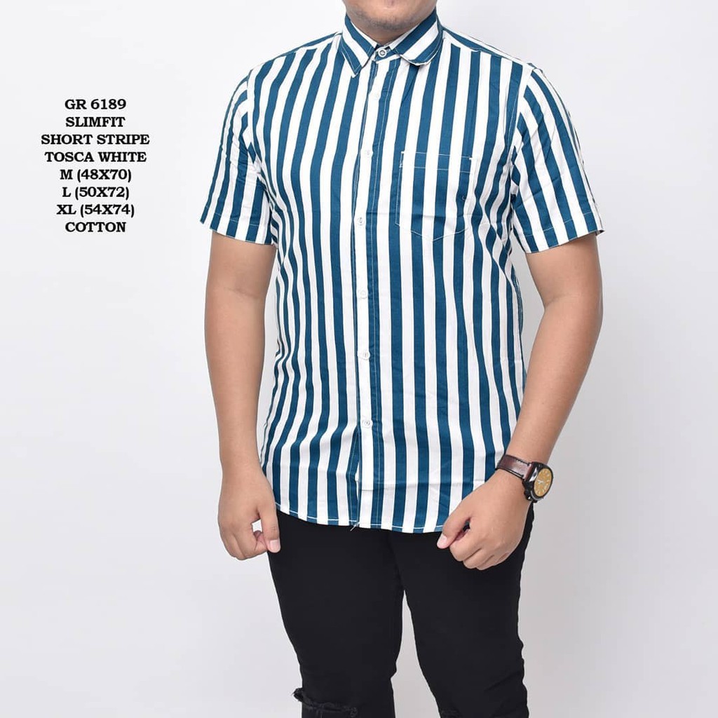 KEMEJA PRIA CASUAL MOTIF GARIS TOSCA WHITE