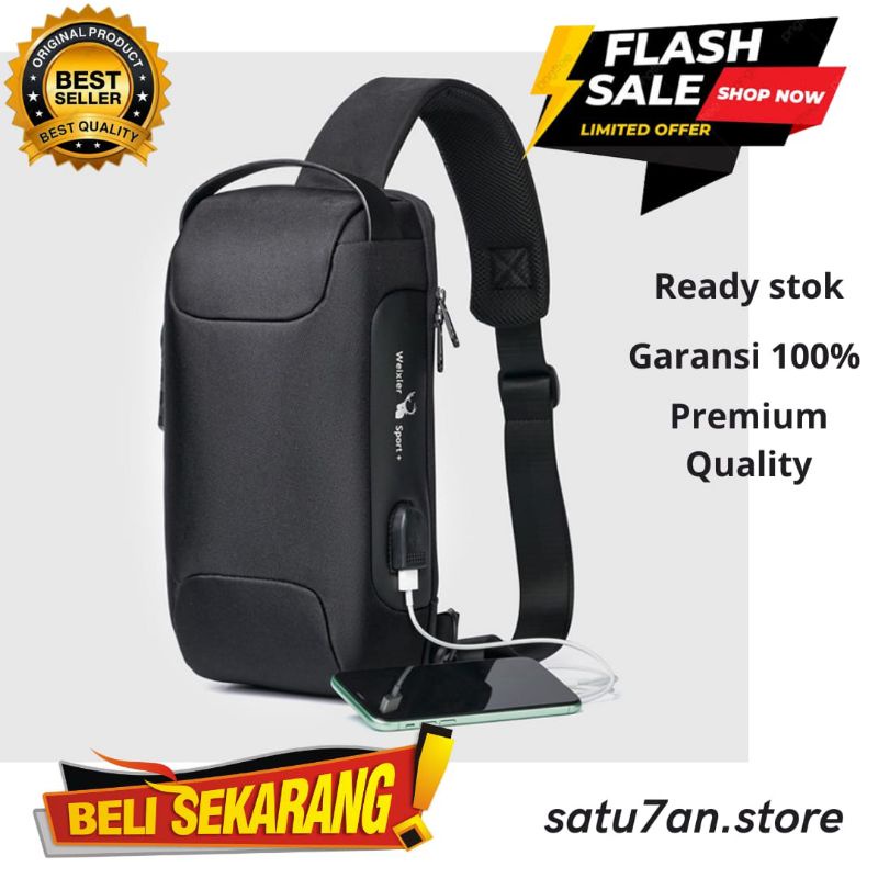 FREE ONGKIR  WEIXIER 9529 Tas Selempang Pria Premium USB Charger Anti Maling