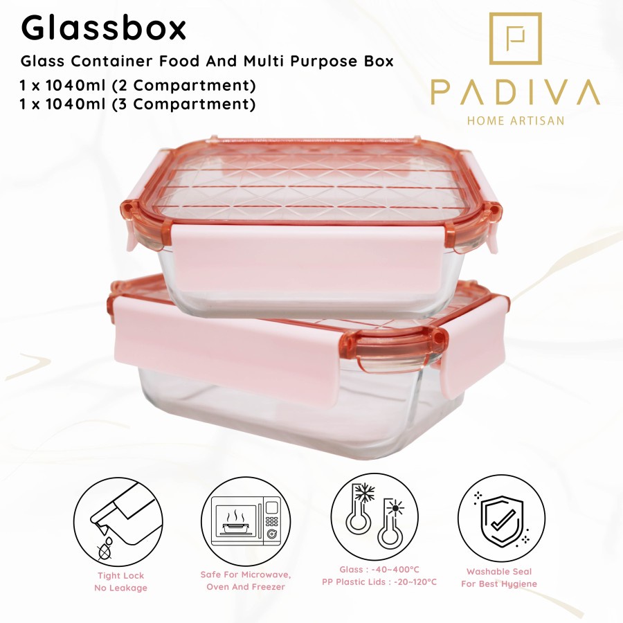 Padiva 1040ml Pink Mix 2+3compartments Crystal Glassbox - Kotak kaca tahan panas microwave tempat bekel glass box