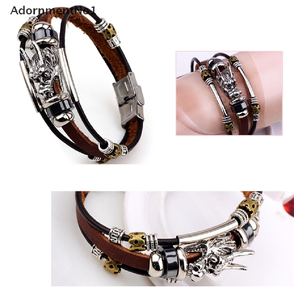 (AdornmentNo1) Gelang Tangan Kulit Banyak Lapis Motif Naga Parataxis Warna Silver Tibet Untuk Pria