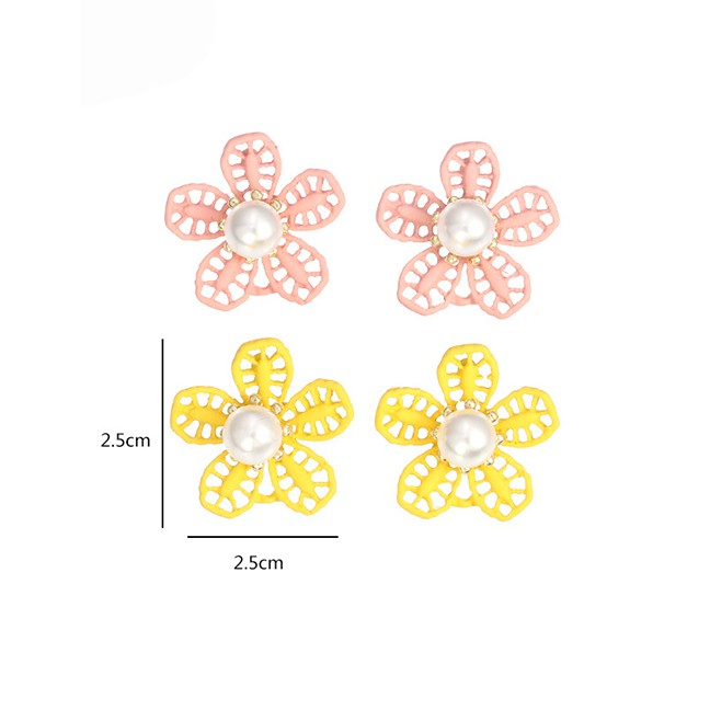 LRC Anting Tusuk Fashion Yellow Flower Pearl Dropping Hollow Alloy Earrings K27038