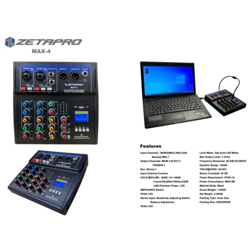 Mixer Audio Zetapro 4 Channel Max 4 USB Rec Bluetooth Original
