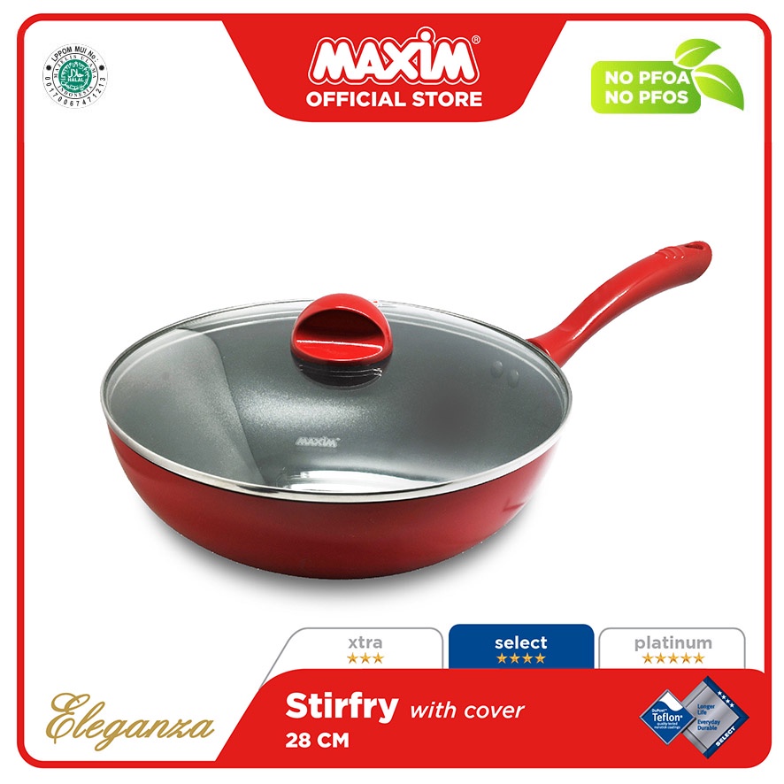 Maxim New Eleganza Red Wajan Penggorengan Teflon Anti Lengket 28cm Stirfry + Tutup Kaca