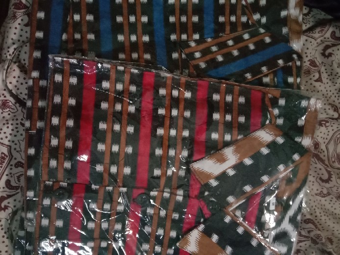 Setelan Keluarga Ibu Bapak Anak - Kemeja Dress Batik Tenun Songket Motif Macan Biru - Murah Terlaris