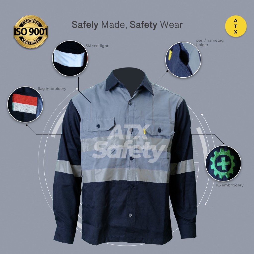 Wearpack Safety Baju Kerja Lengan Panjang Kombinasi Abu Navy ATX