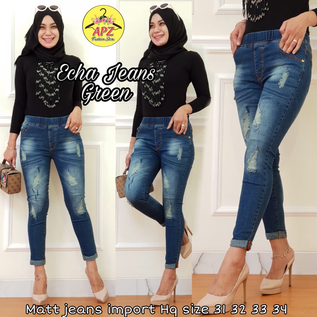 Celana Panjang ECHA JEANS Sobek Lipat Wanita Terbaru / Legging Jeans Ripped Jumbo 2022 / Celana Jeans Levis Pinggang Karet Model Terbaru JUMBO SIZE 31-38