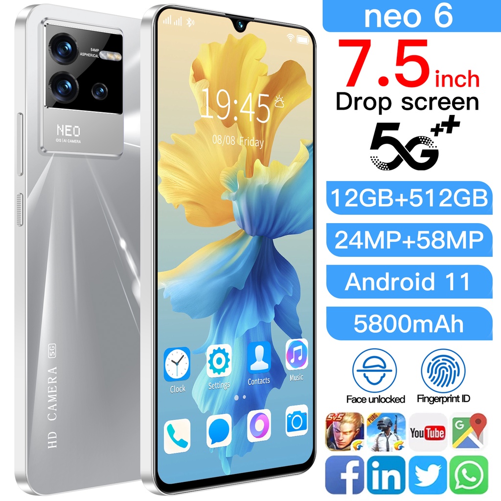 【COD+Pengiriman lokal】 hp murah NEO6 5G 5.5Inci Ponsel Baru Jaminan Kualitas RAM 12GB ROM 512GB Dual
