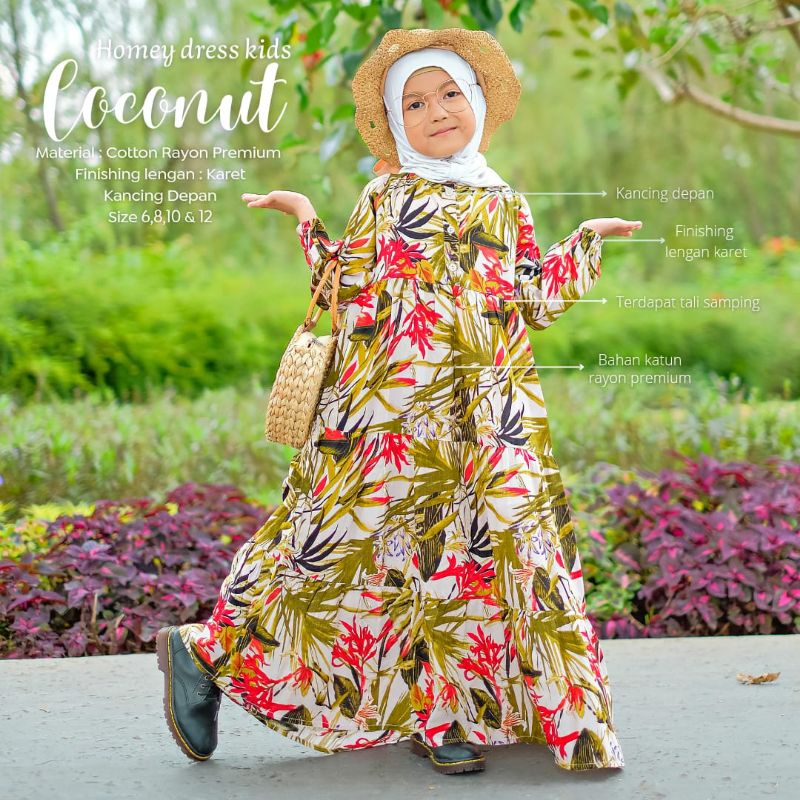 Termurah - Gamis Anak Motif Coconut Homey Dress Anak Motif Dress Anak Usia 4-12Tahun Motif Bahan Katun Rayon Premium Nyaman Dipakai | Bisa Cod