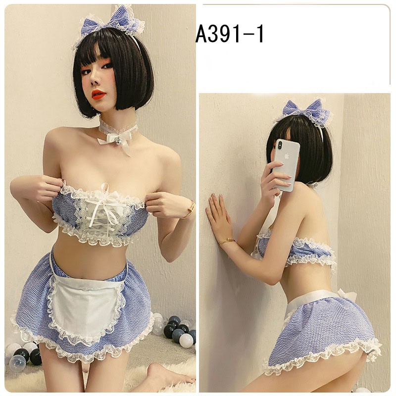 Lingerie Wanita Lucu Sexy Cosplay Maid Lingerie kotak-kotak Set dan Stoking A391-1