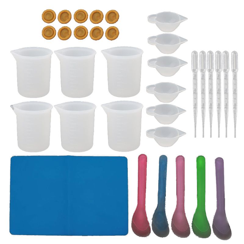 SIY  34Pc Reusable Silicone Resin Kit Nonstick Silicone Mat 100ml Measuring Cups Finger Cots Resin Mix Cup Stir Stick Pipette