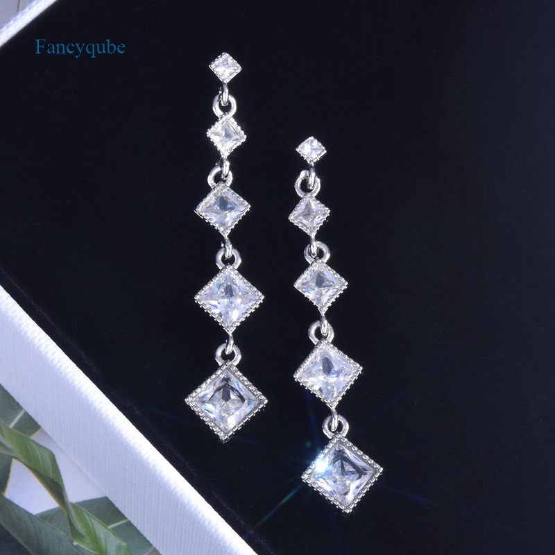 Fancyqube Anting Tusuk Gantung Panjang Silver 925 Desain Geometri Kotak Hias Zircon Aaa Untuk Wanita