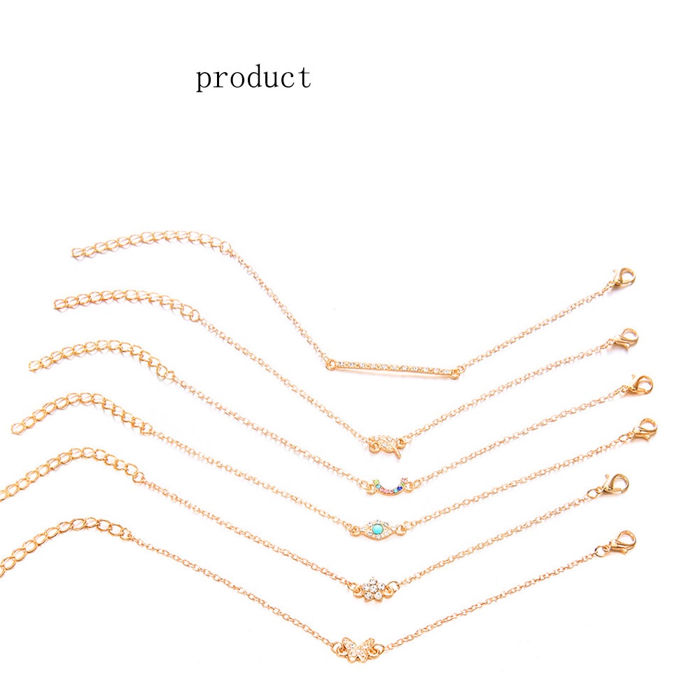 6pcs / Set Gelang Desain Kupu-Kupu Daun Mata Turquoise Aksen Berlian Gaya Simple Untuk Wanita