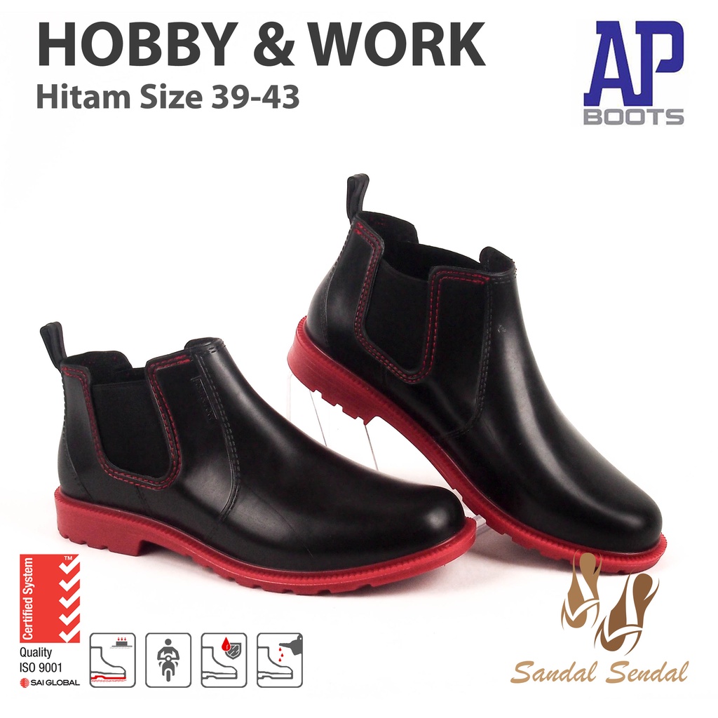 Sepatu Boot Pendek AP Boots Hobby &amp; Work Hitam Merah Casual Bikers