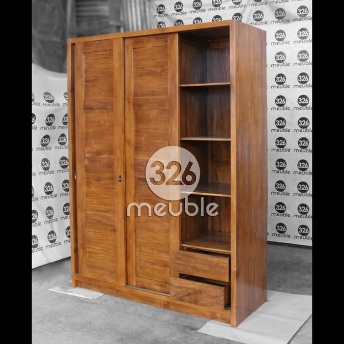 Lemari Pakaian Minimalis Jati 3 Pintu Sliding Door kayu Jepara