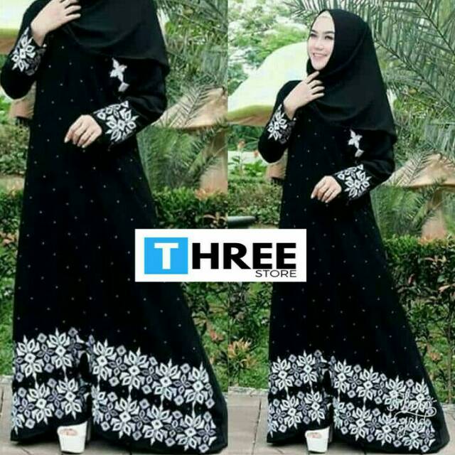 Abaya Motif Kembang Putih Bahan Jet Black