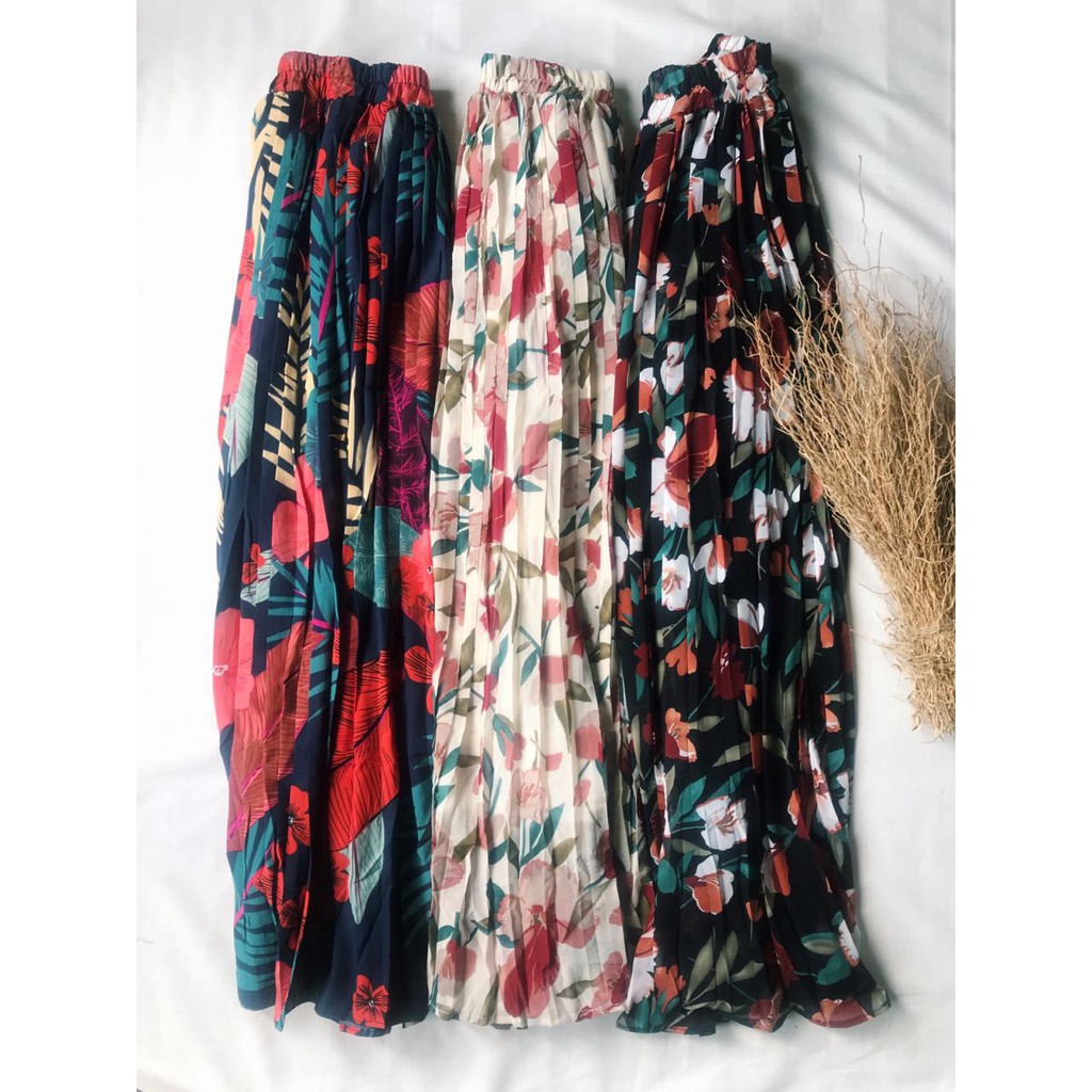 Rok Plisket Prisket / Rok Import / Rok Bunga / Maxi Skirt Motif Bunga Floral