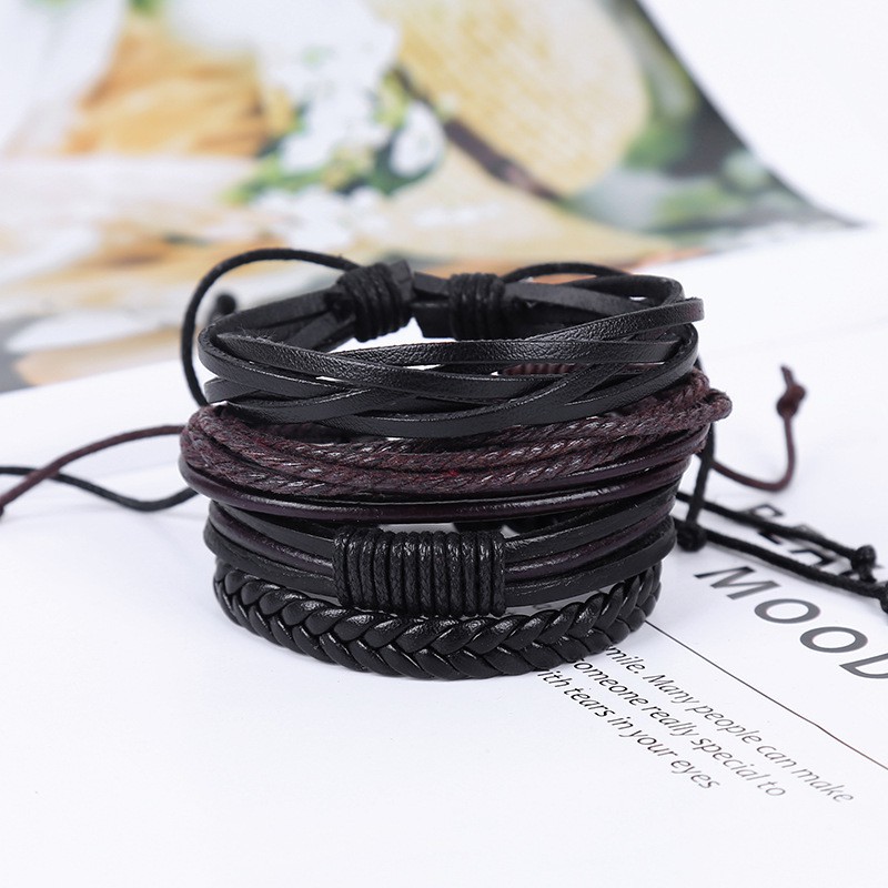 (COD) Gelang Tali ISI 4PCS/ Set Gelang Tangan Strap Kulit Men Bracelet MALLSHOPPING