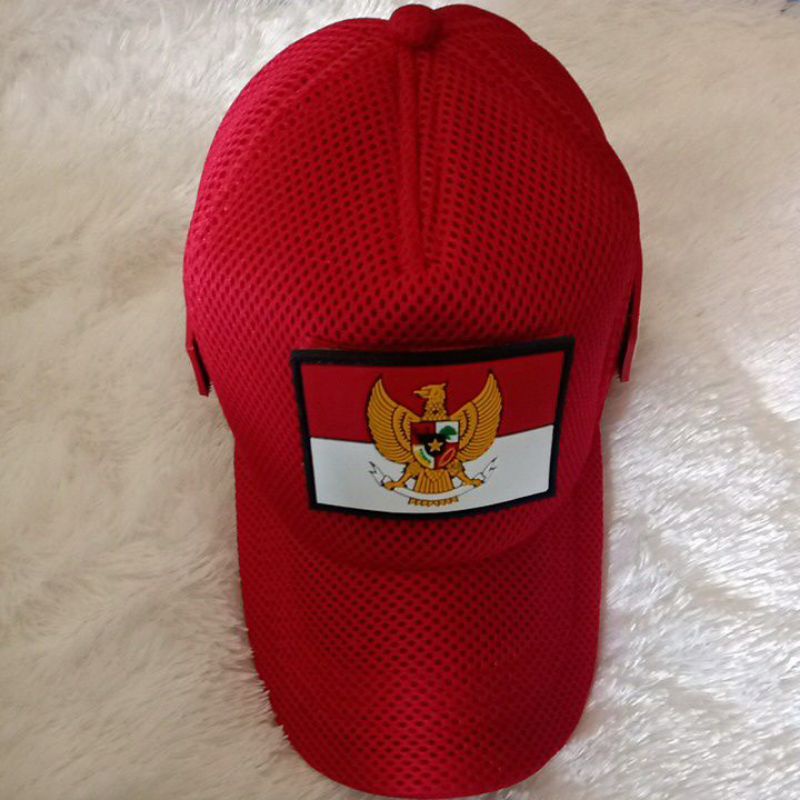 topi jaring double mess merah+ Velcro indonesia +tulisan Indonesia kecil merah tempelan karet velcro