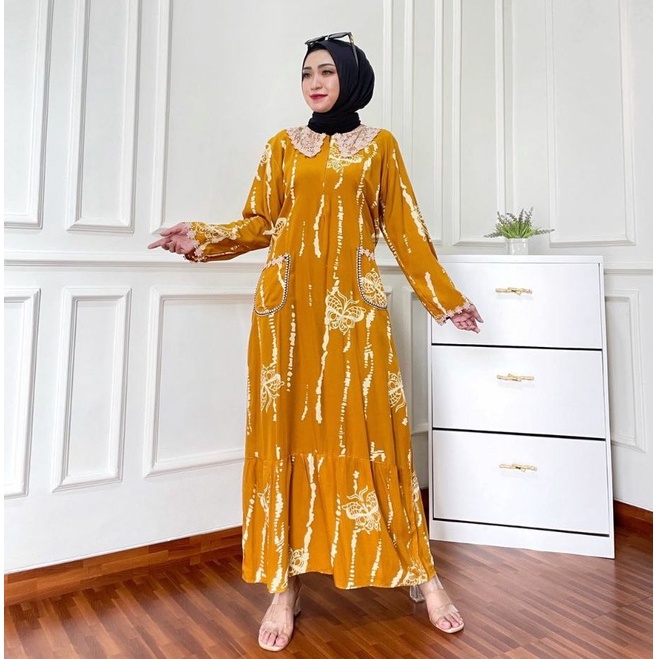 Daster Arab Kupu Rintik Longdress Wanita Dewasa Kekinian Terbaru 2021 2022 Bahan Rayon Lengan Panjang Ld 100 110 Model Arabian Renda Busui Resleting Motif Kupu Rintik Size L XL Murah Harga Grosir-4