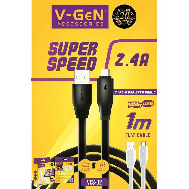 BOP KABEL DATA CHARGER V-GEN VGEN VCS02 VCS-02 TYPE C SUPER SPEED 2.4A FLAT CABLE USB TYPE-C