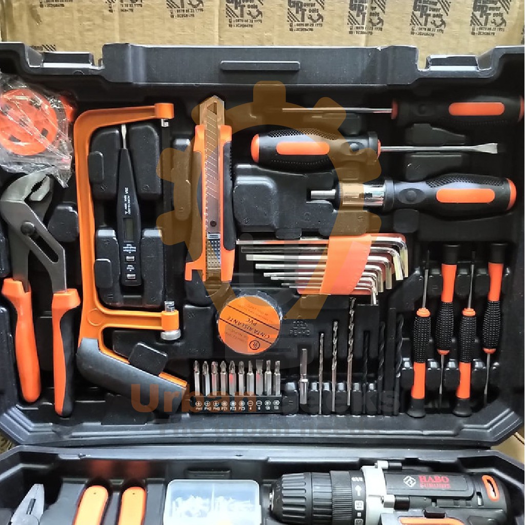 Paket Toolkit Toolbox Mesin Bor Baterai Bor Cordless 112pc Habo Furuide