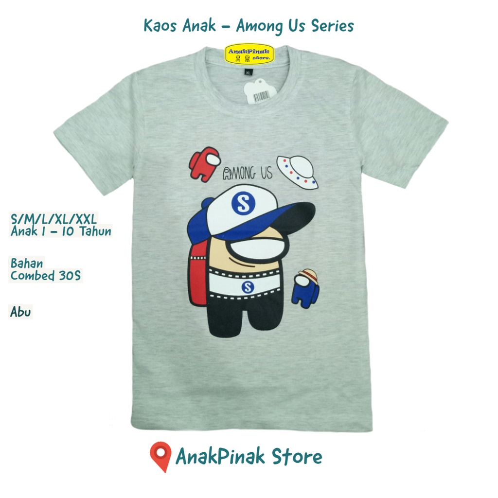 Kaos Anak motif Among Us harga grosir kualitas Distro ukuran 1 - 10 Tahun - Abu - AnakPinak Store