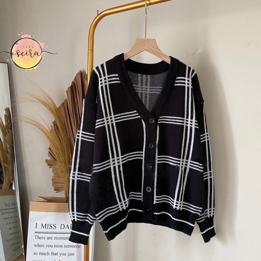 [BISA COD] Cardigan Mingyu Jaehyun Motif Kotak Rajut Premium / Cardigan Wanita / Panjang 70 LD 120