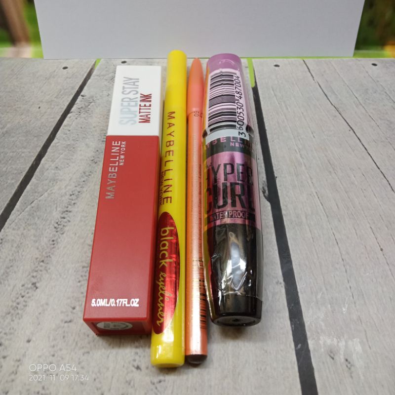 [4in1] Maskara+Eyeliner+Lipgloss+Pensil Alis // Paket Make Up Maybelline